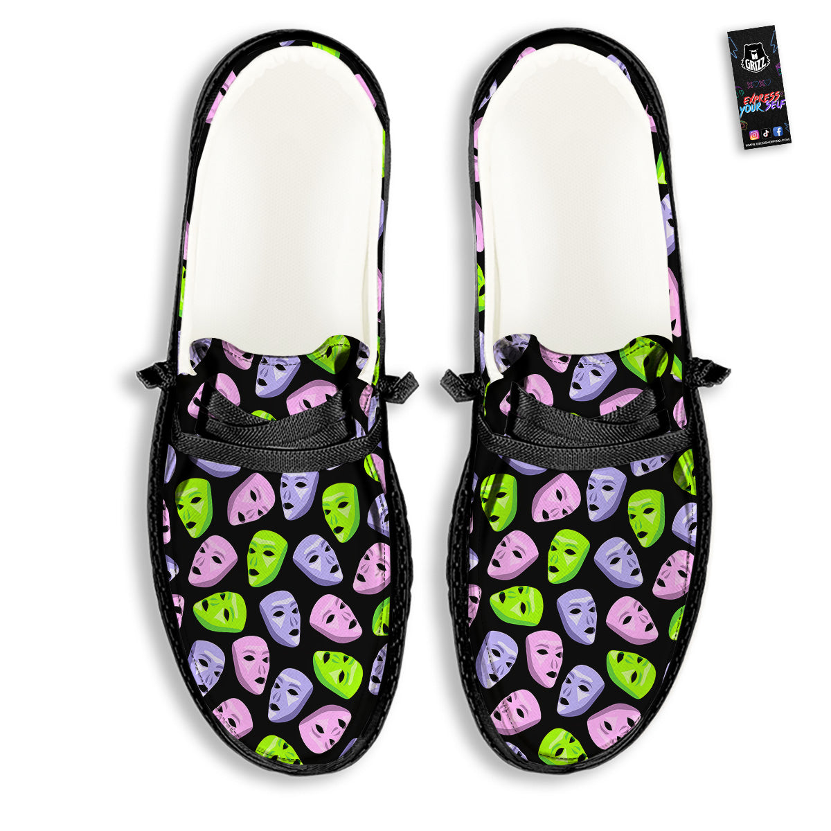 Pink Green And Purple Theater Masks Print Pattern Black Loafers-grizzshop