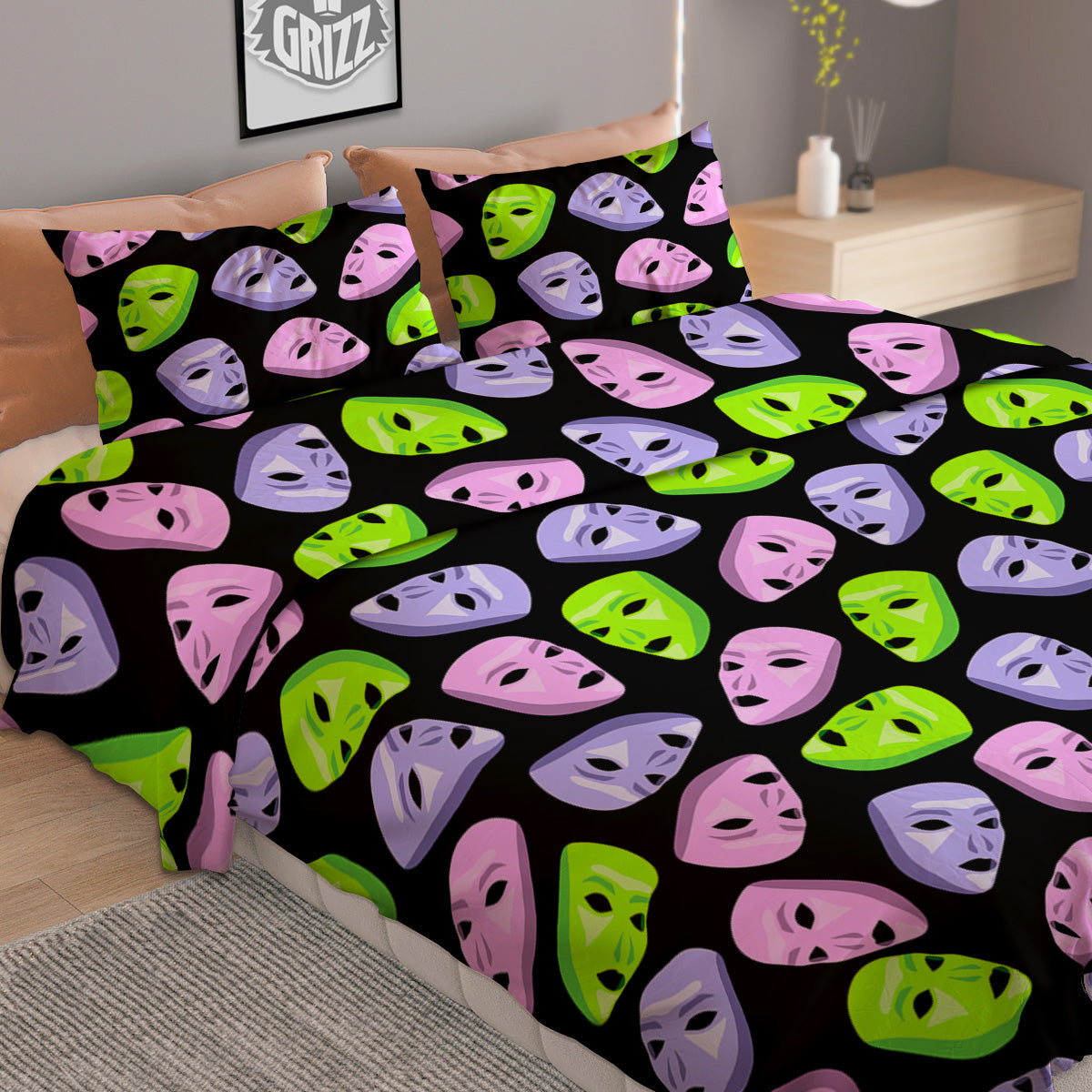 Pink Green And Purple Theater Masks Print Pattern Duvet Cover Bedding Set