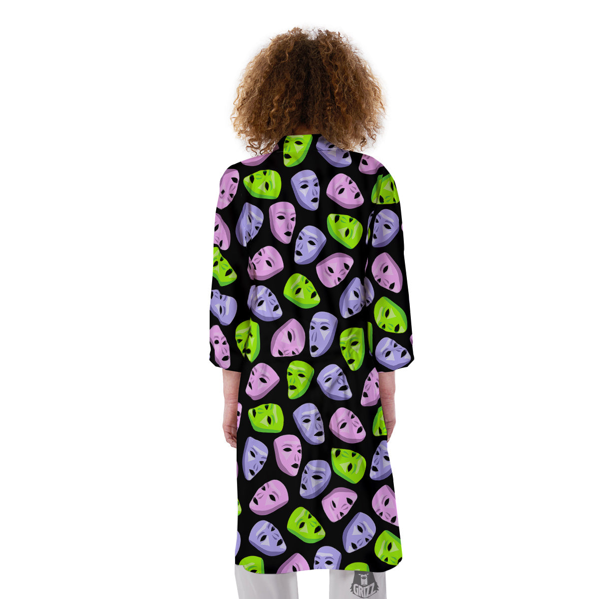 Pink Green And Purple Theater Masks Print Pattern Kimono-grizzshop