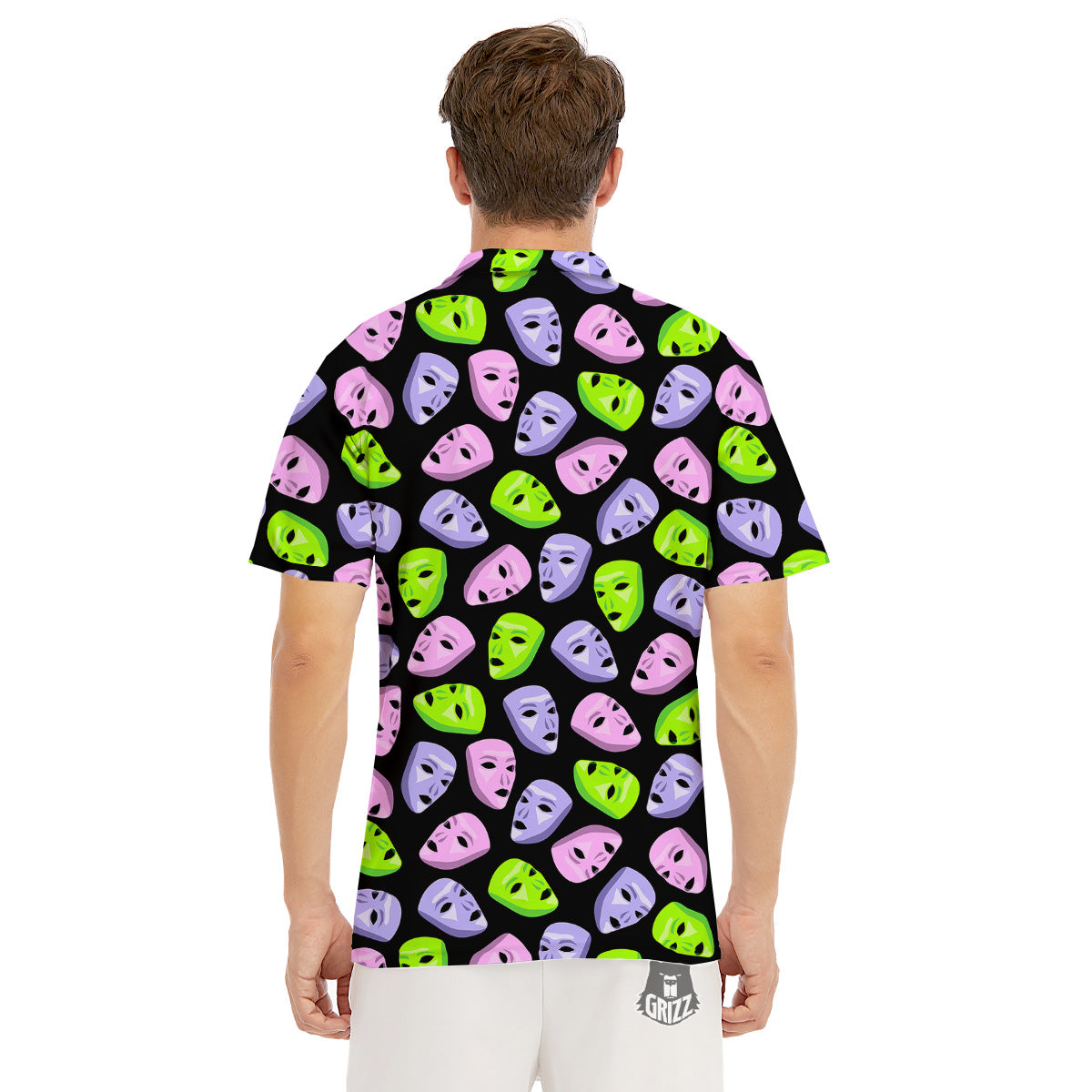 Pink Green And Purple Theater Masks Print Pattern Men's Golf Shirts-grizzshop