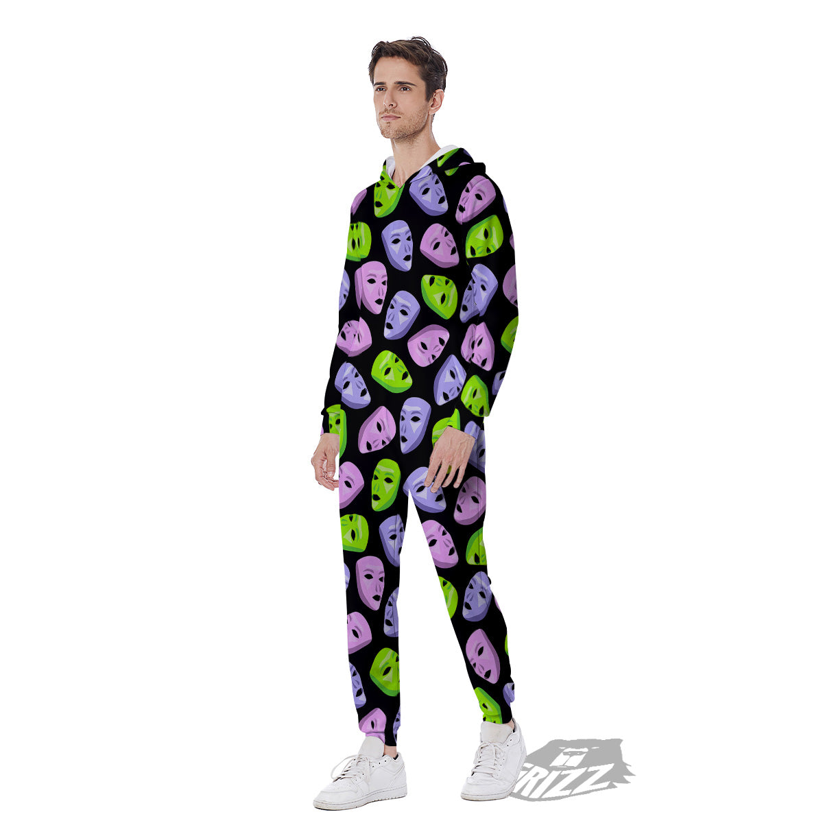 Pink Green And Purple Theater Masks Print Pattern Men's Jumpsuit-grizzshop