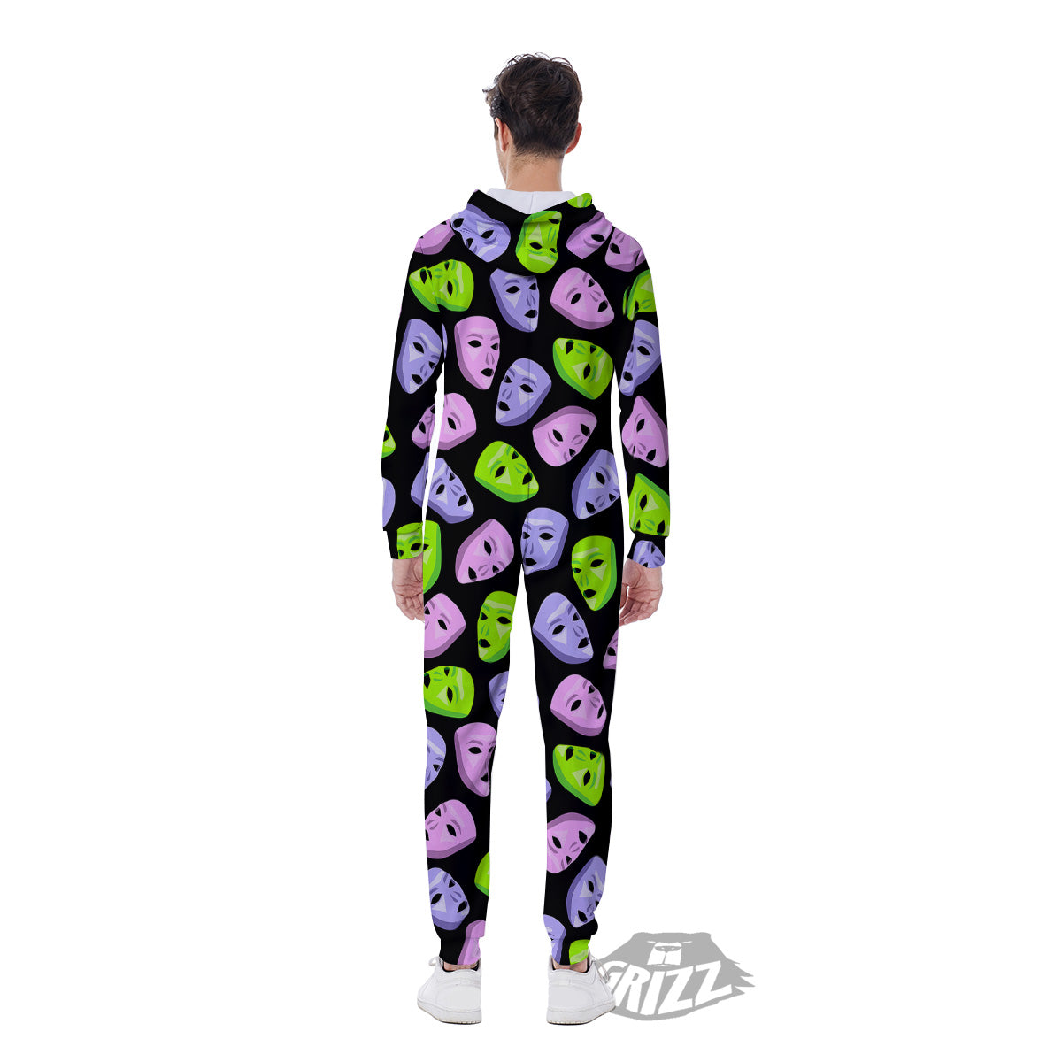 Pink Green And Purple Theater Masks Print Pattern Men's Jumpsuit-grizzshop