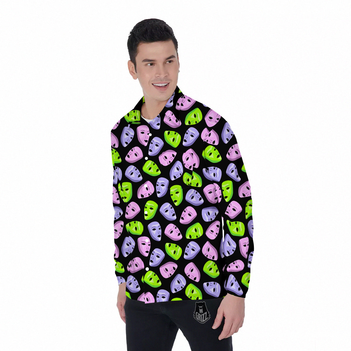 Pink Green And Purple Theater Masks Print Pattern Men's Long Sleeve Shirts-grizzshop