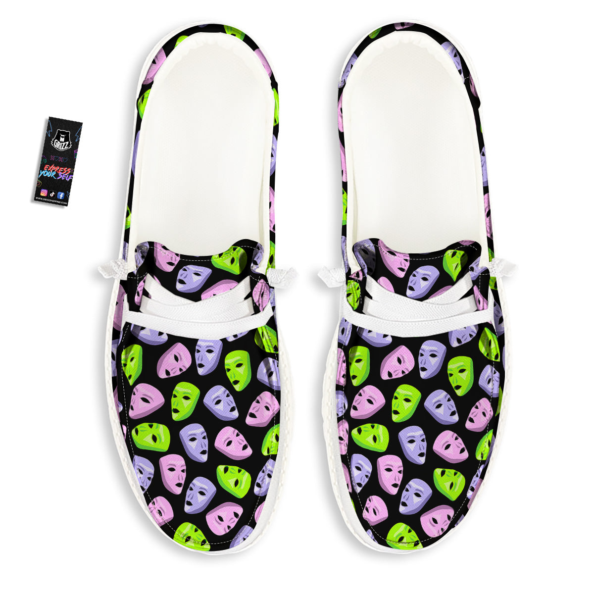 Pink Green And Purple Theater Masks Print Pattern White Loafers-grizzshop