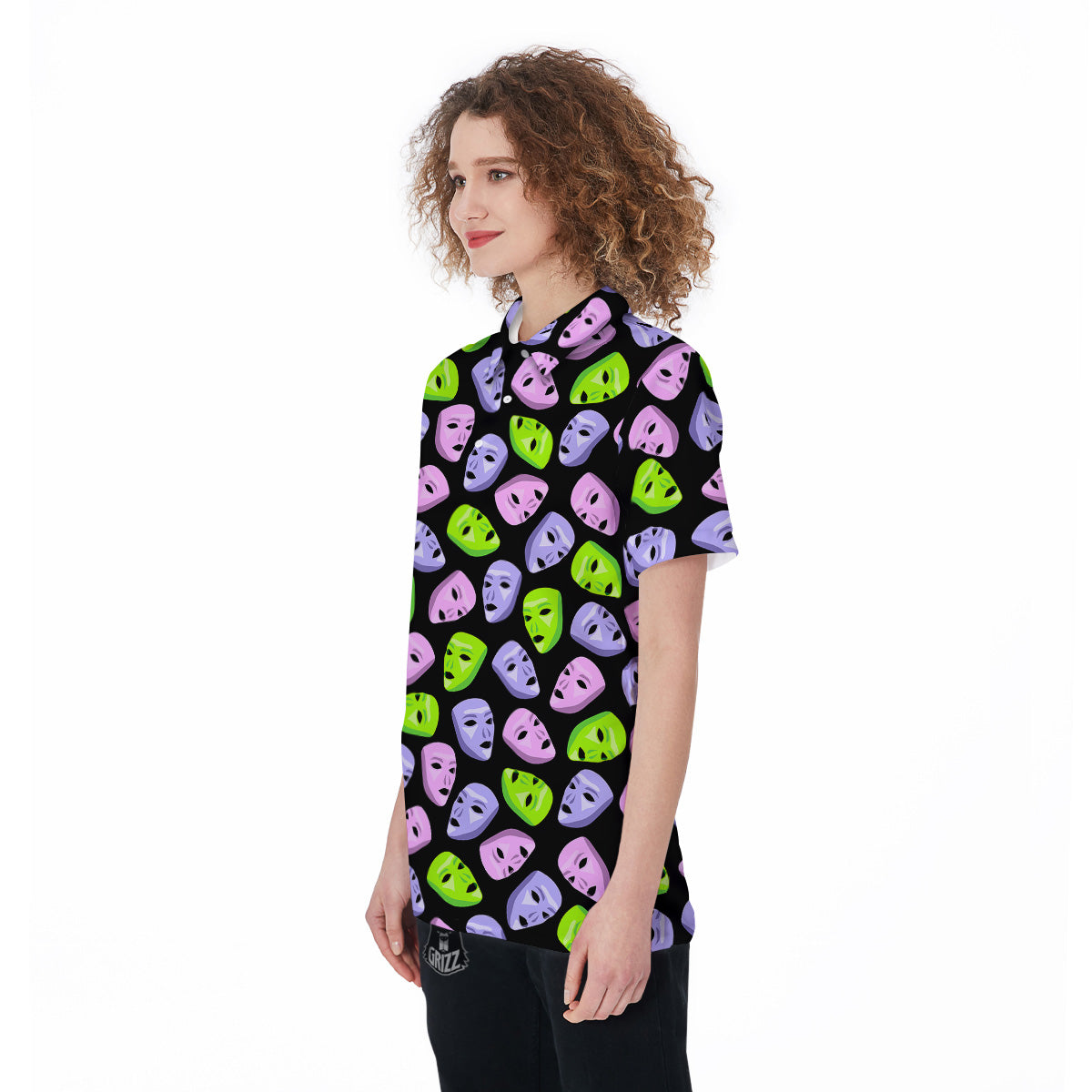 Pink Green And Purple Theater Masks Print Pattern Women's Golf Shirts-grizzshop