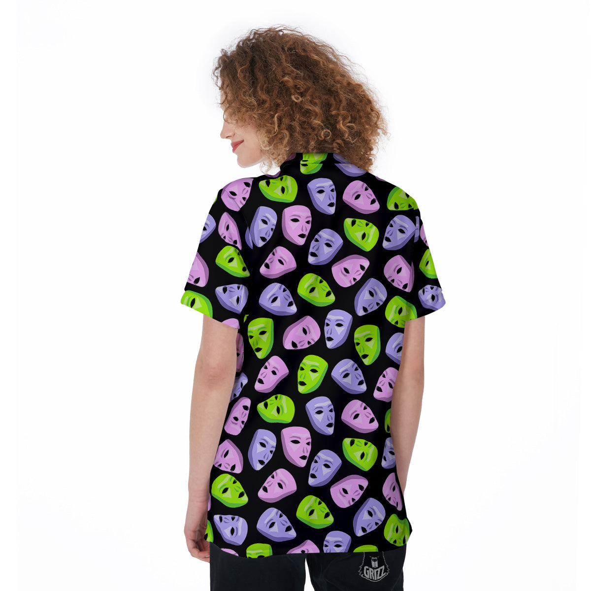 Pink Green And Purple Theater Masks Print Pattern Women's Golf Shirts-grizzshop