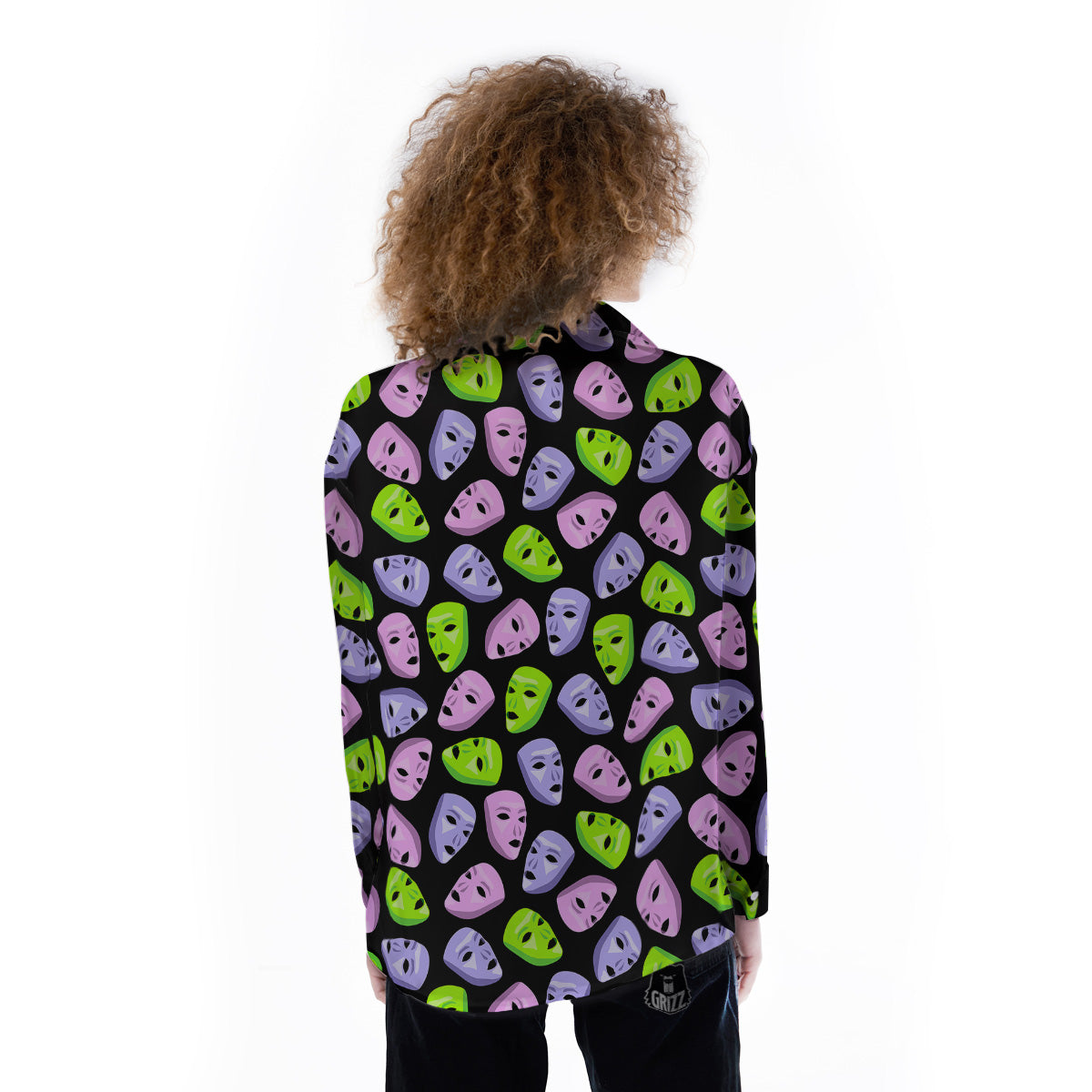 Pink Green And Purple Theater Masks Print Pattern Women's Long Sleeve Shirts-grizzshop