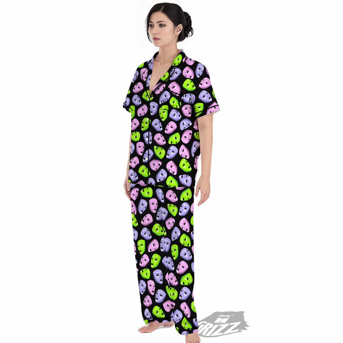 Pink Green And Purple Theater Masks Print Pattern Women's Pajamas Set-grizzshop