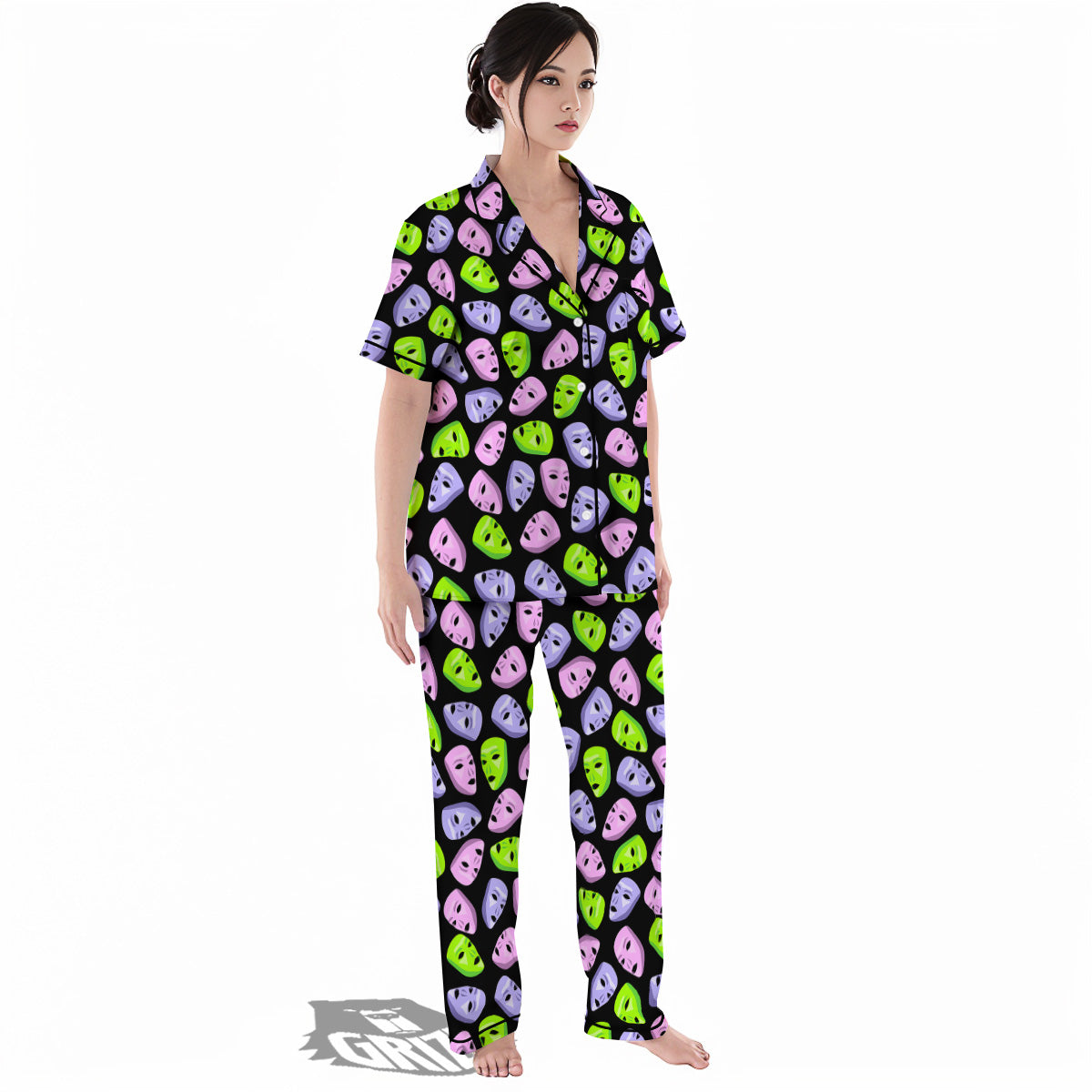 Pink Green And Purple Theater Masks Print Pattern Women's Pajamas Set-grizzshop