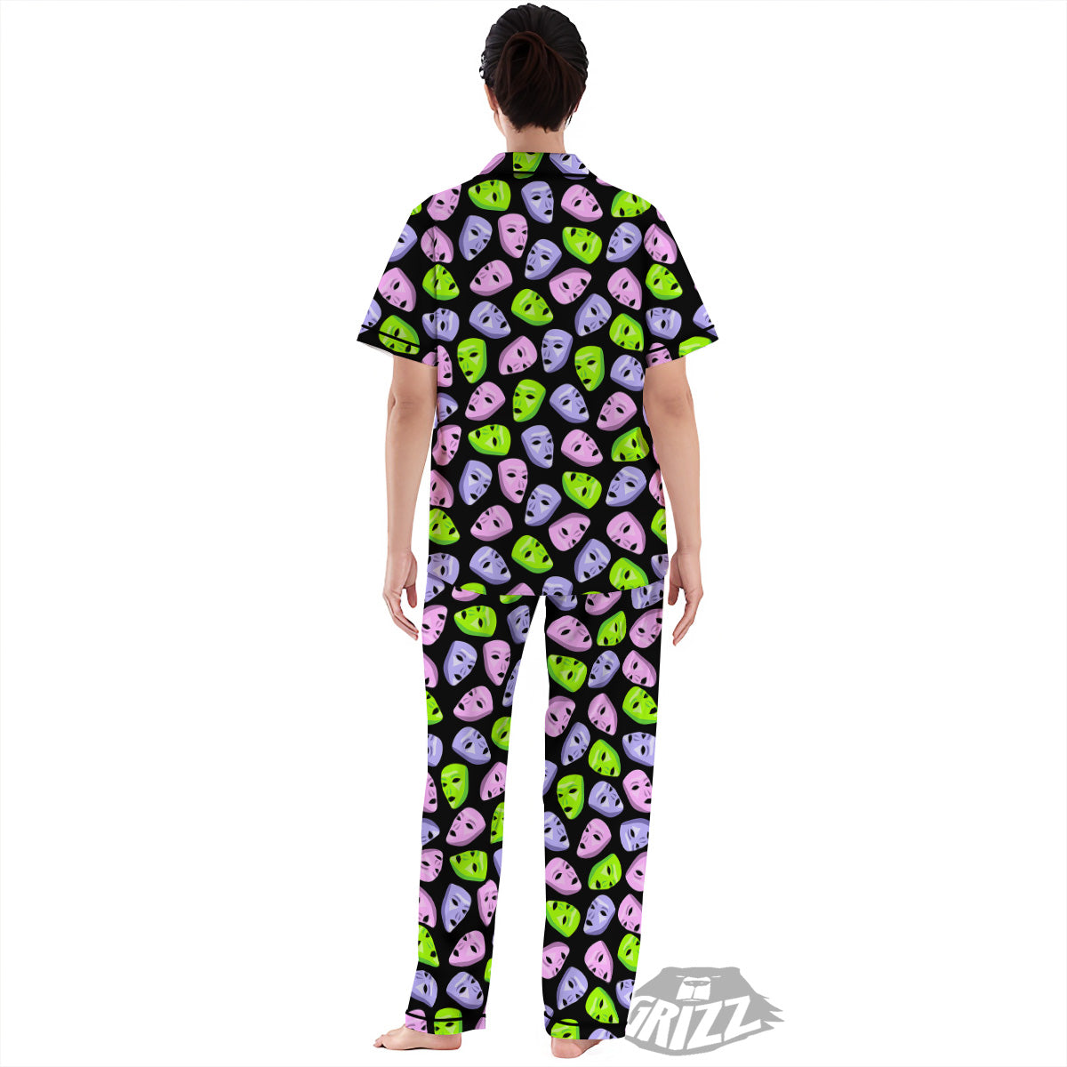 Pink Green And Purple Theater Masks Print Pattern Women's Pajamas Set-grizzshop