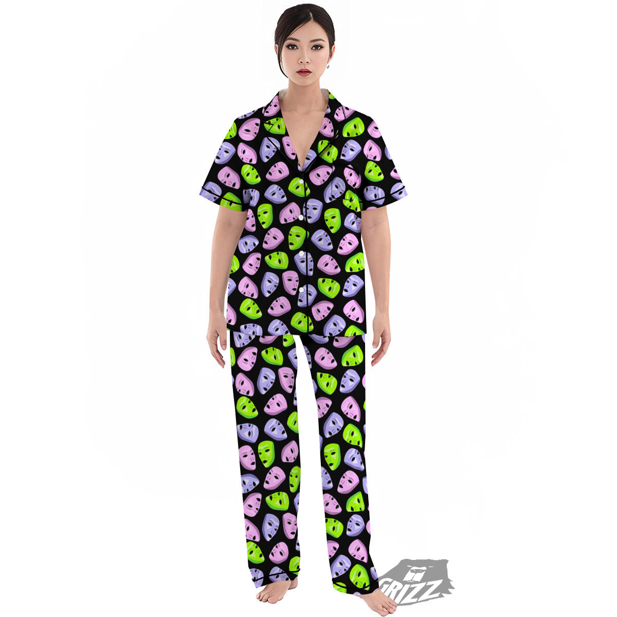 Pink Green And Purple Theater Masks Print Pattern Women's Pajamas Set-grizzshop