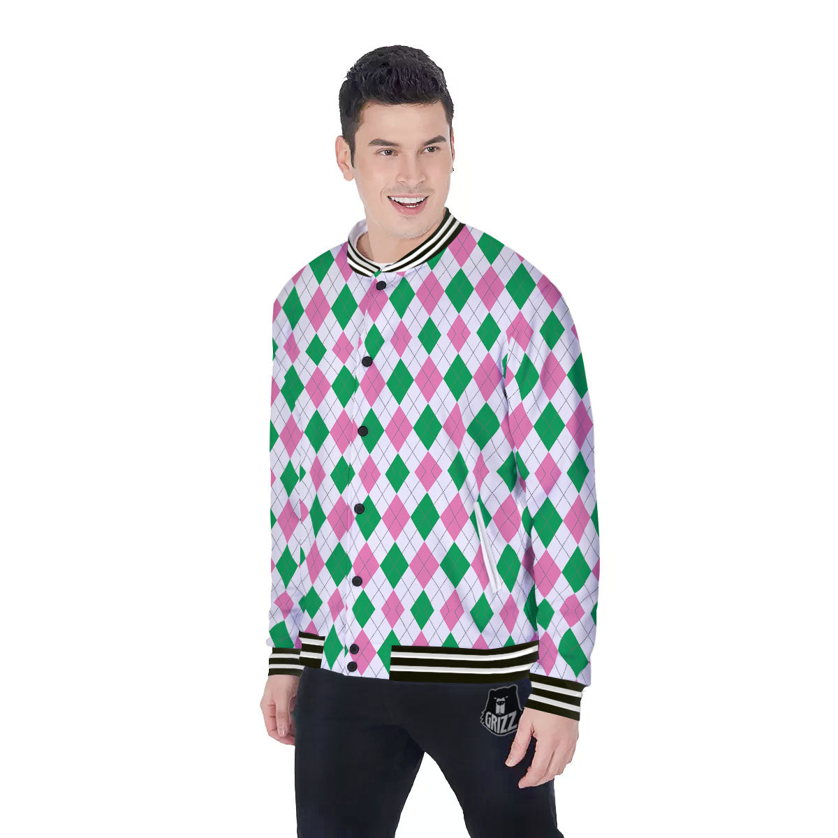 Pink Green And White Argyle Print Baseball Jacket-grizzshop