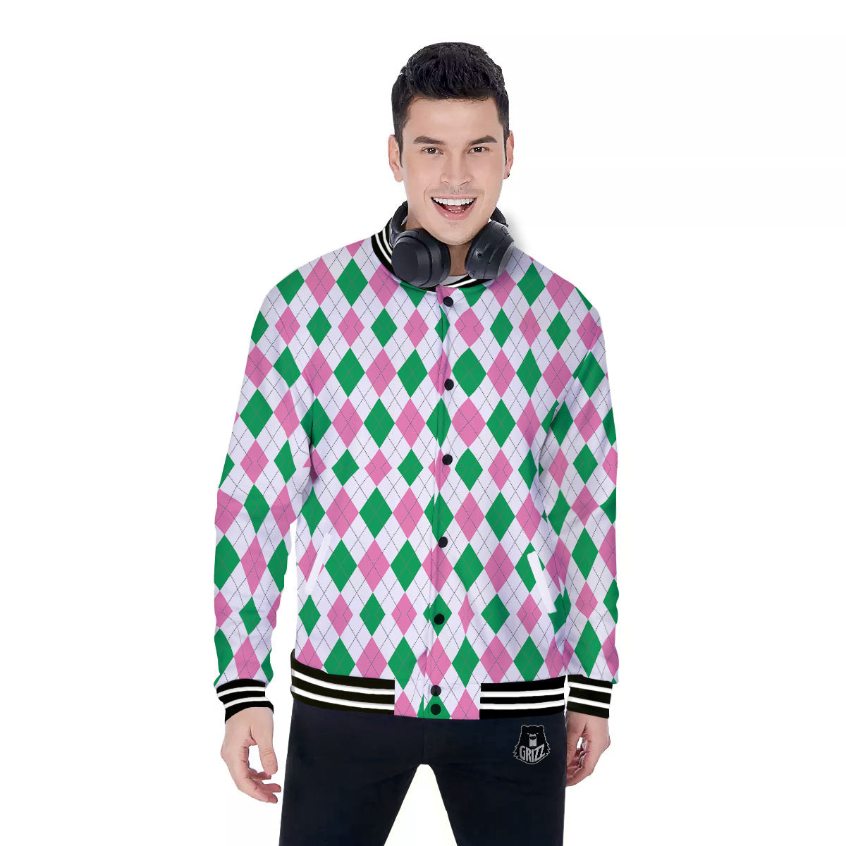 Pink Green And White Argyle Print Baseball Jacket-grizzshop