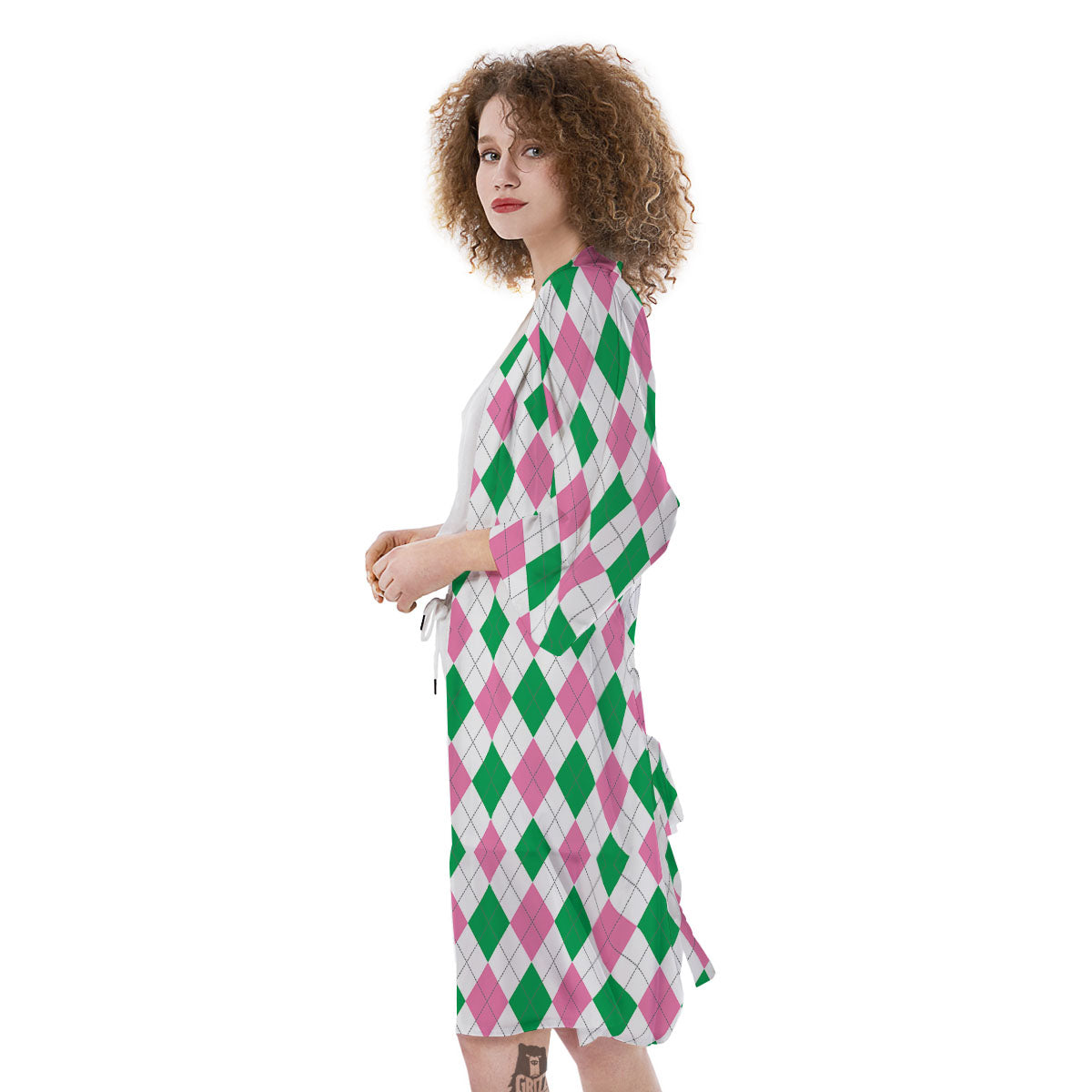 Pink Green And White Argyle Print Kimono-grizzshop