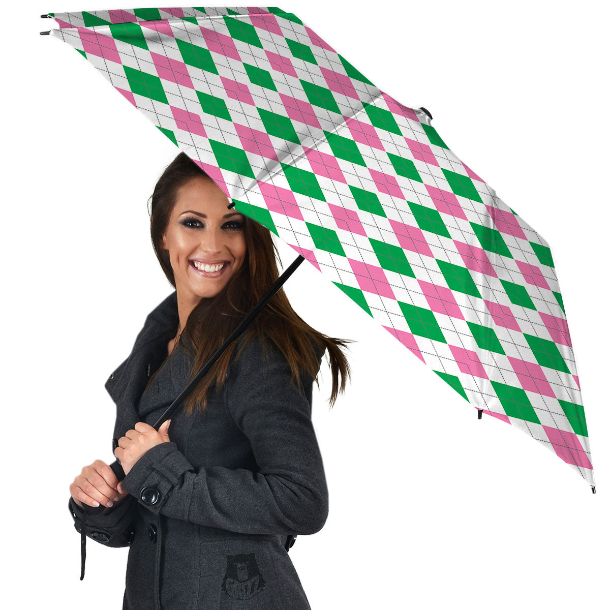 Pink Green And White Argyle Print Umbrella-grizzshop