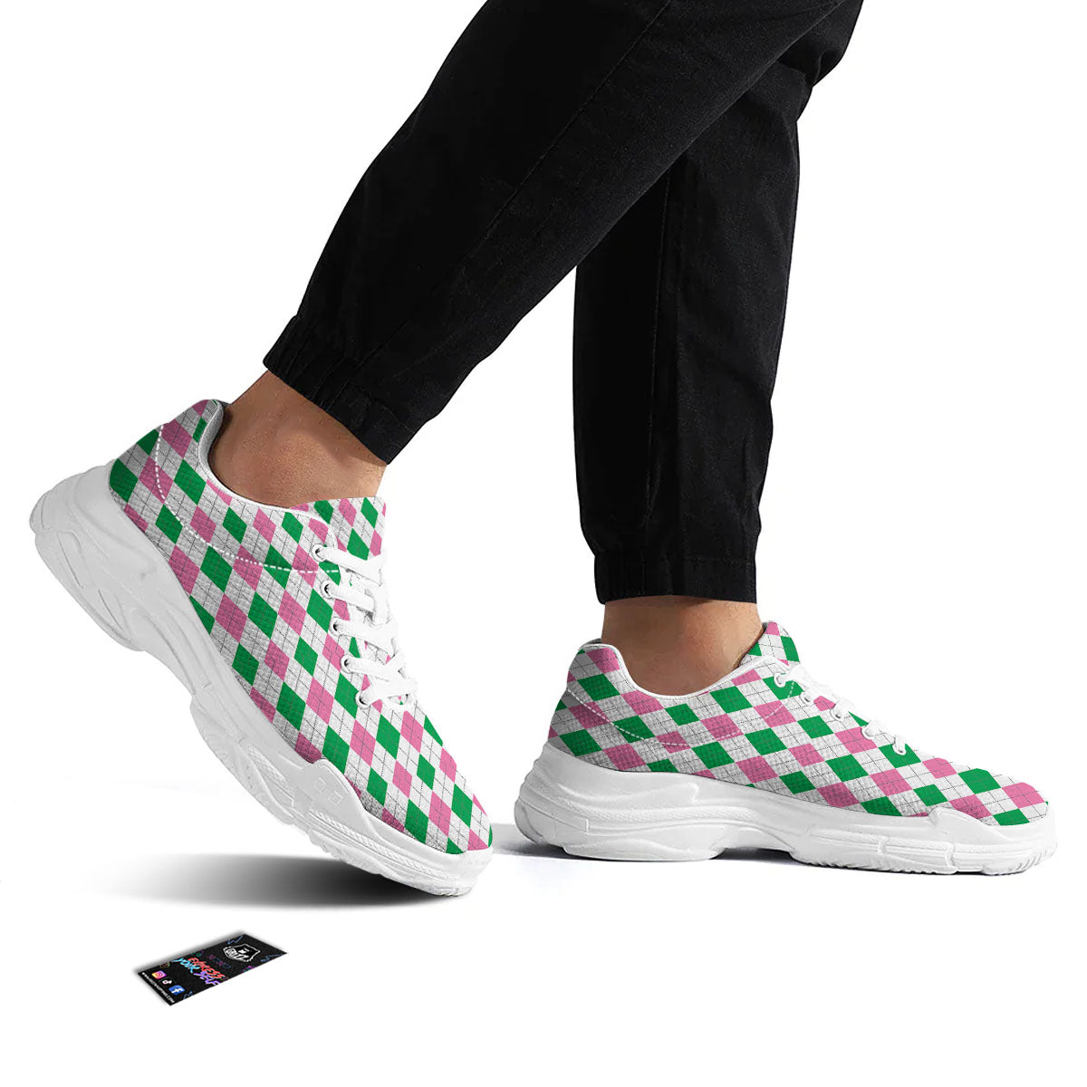Pink Green And White Argyle Print White Chunky Shoes-grizzshop