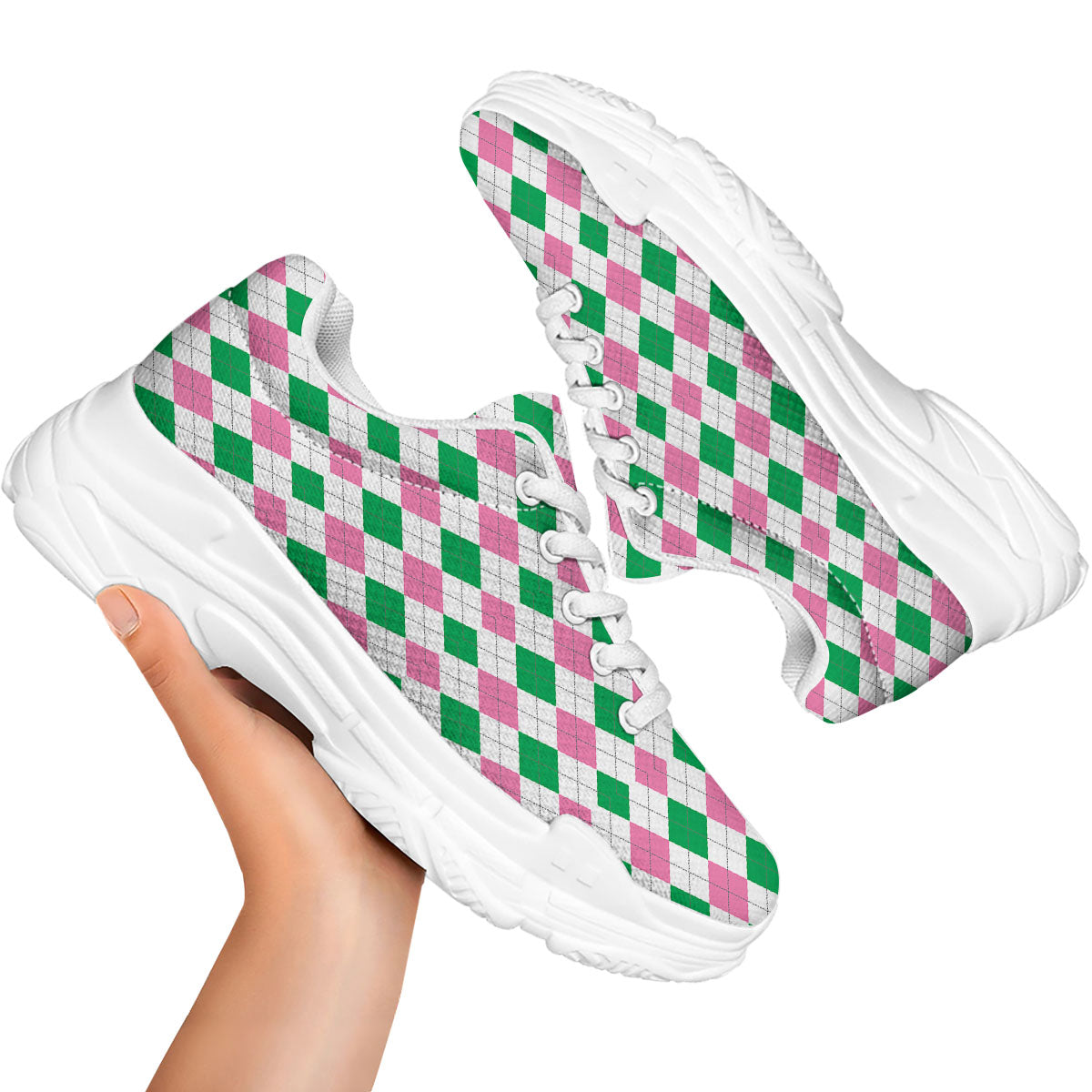 Pink Green And White Argyle Print White Chunky Shoes-grizzshop