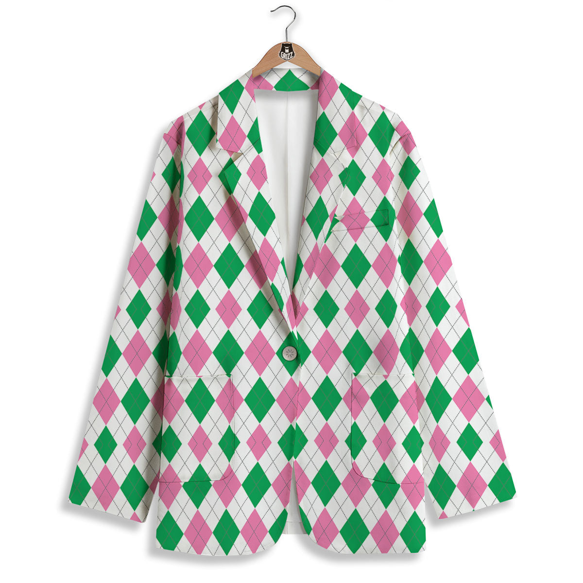 Pink Green And White Argyle Print Women's Blazer-grizzshop