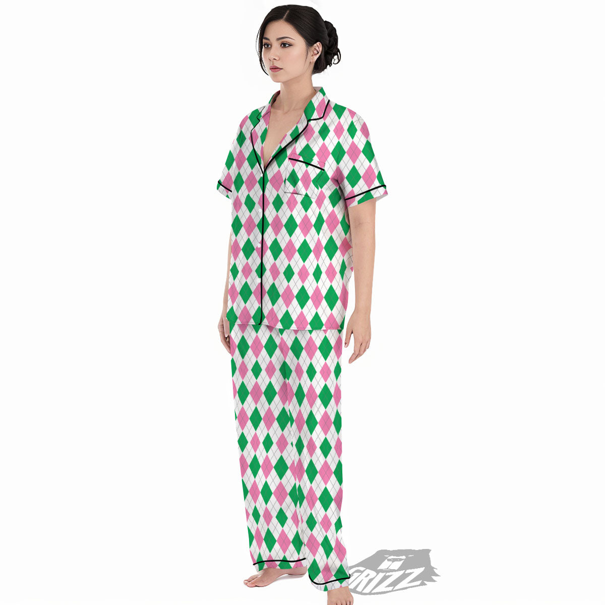 Pink Green And White Argyle Print Women's Pajamas Set-grizzshop