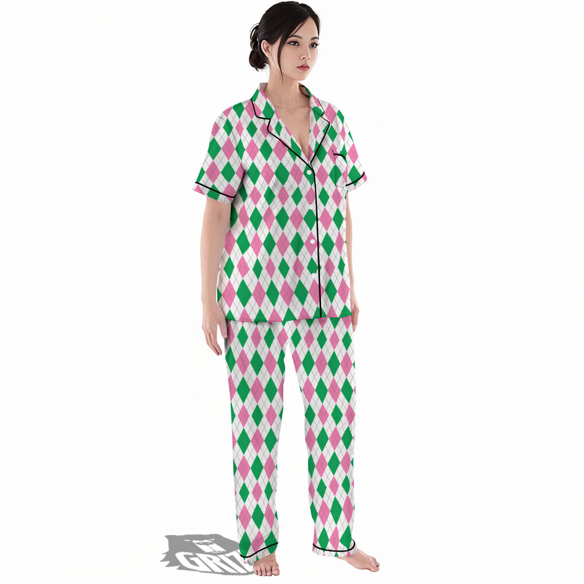 Pink Green And White Argyle Print Women's Pajamas Set-grizzshop