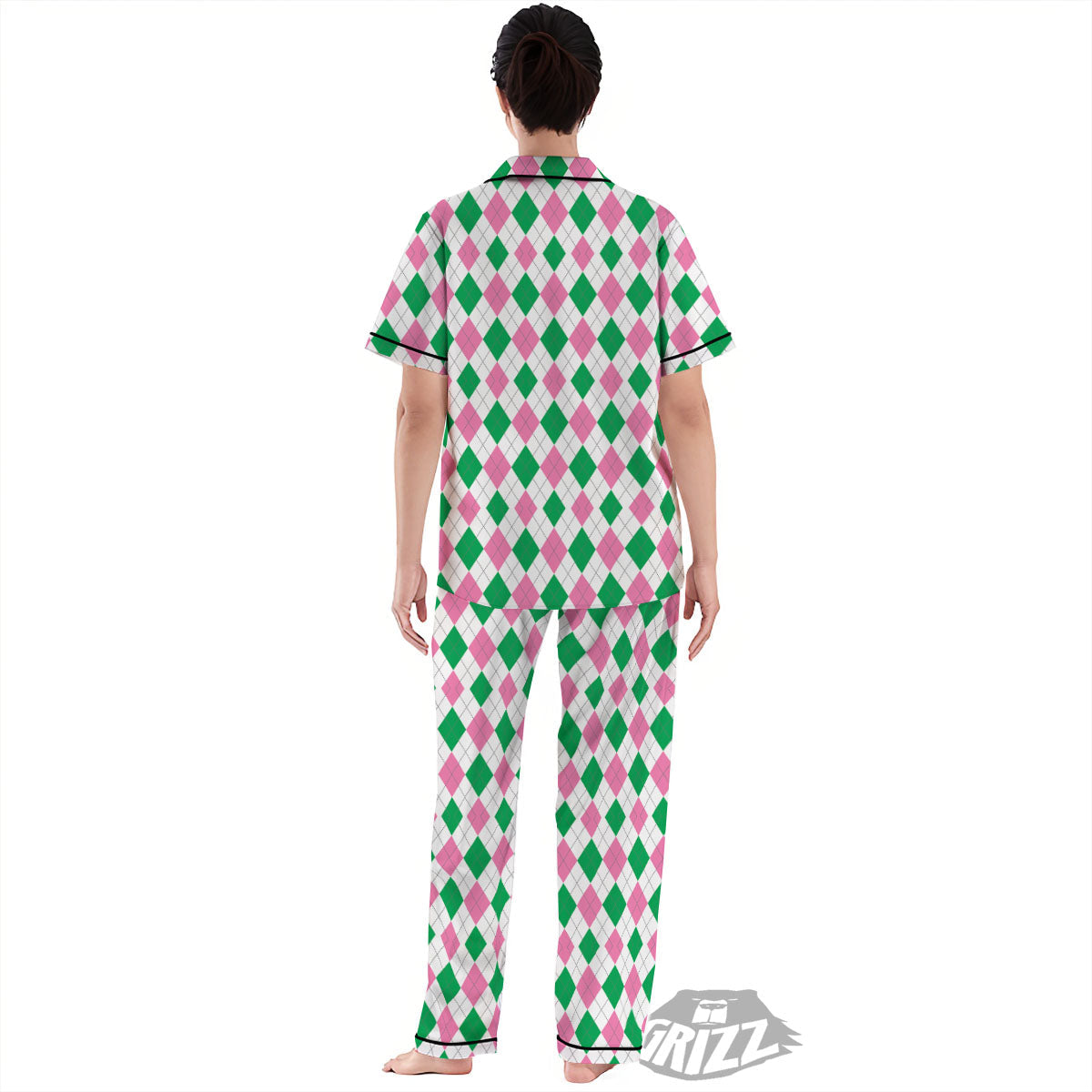 Pink Green And White Argyle Print Women's Pajamas Set-grizzshop