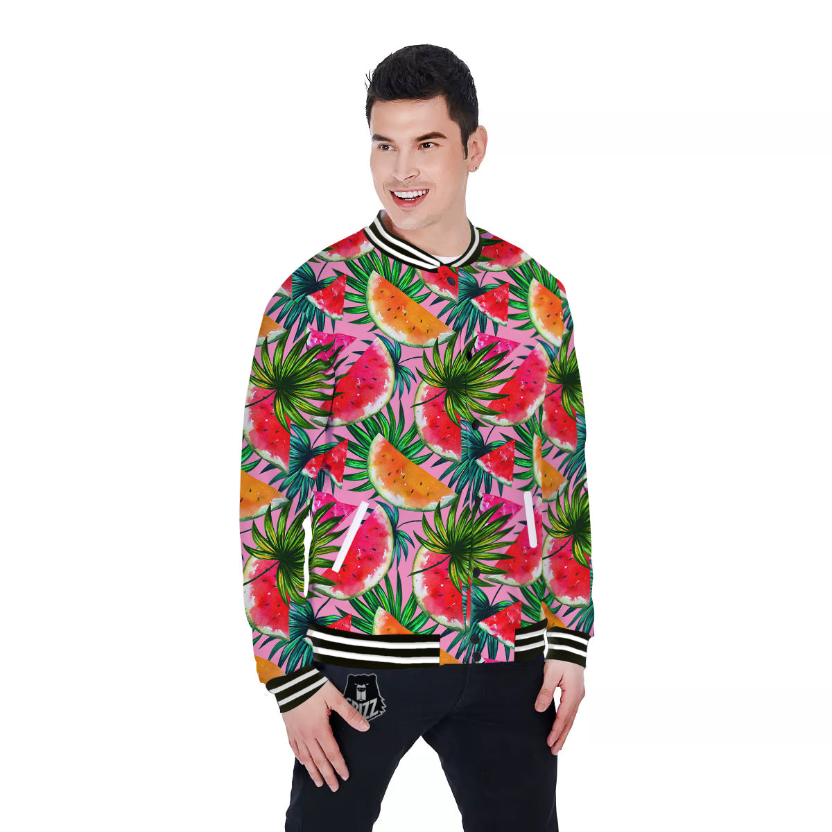 Pink Hawaiian Watermelon Print Pattern Baseball Jacket-grizzshop