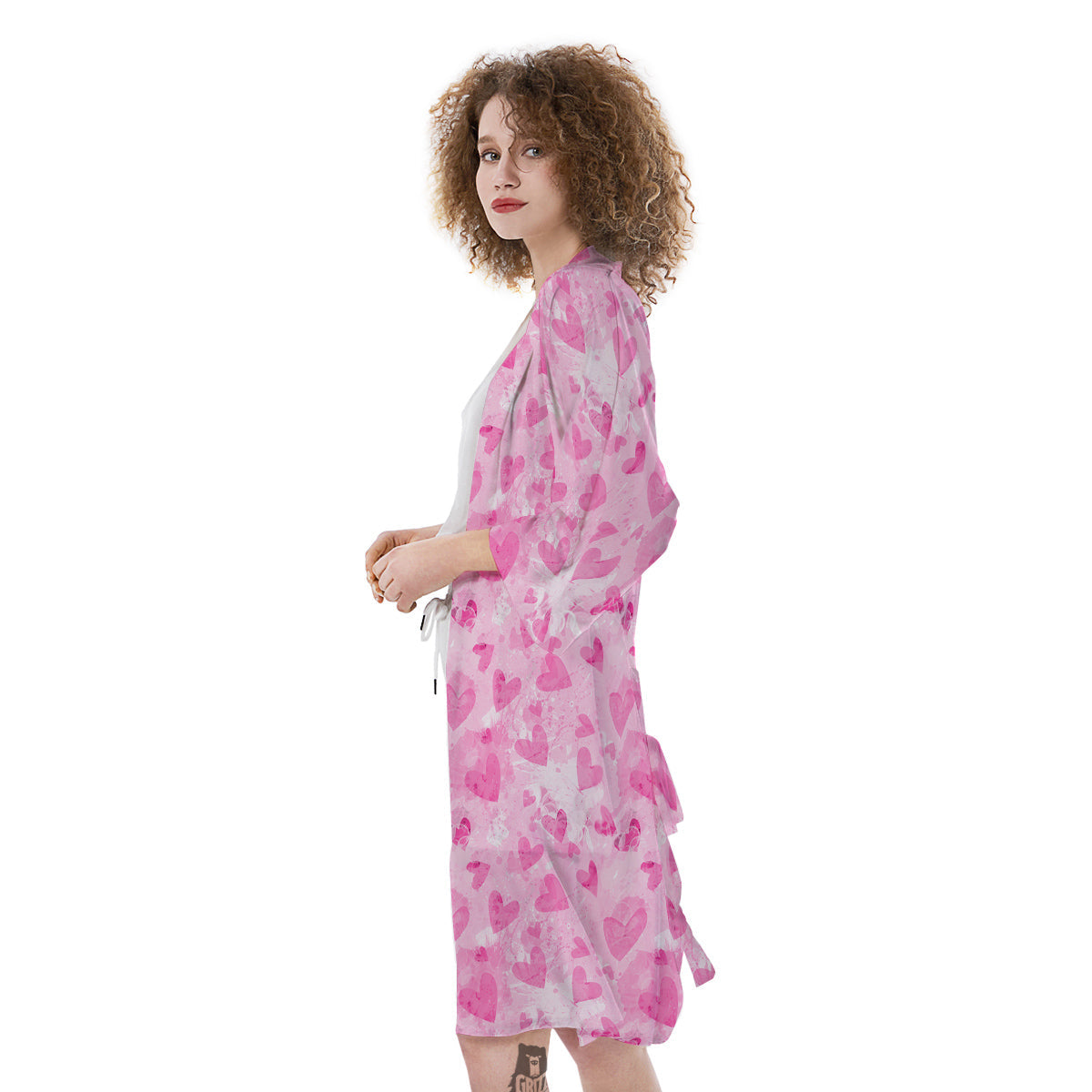 Pink Heart Cute Print Pattern Kimono-grizzshop