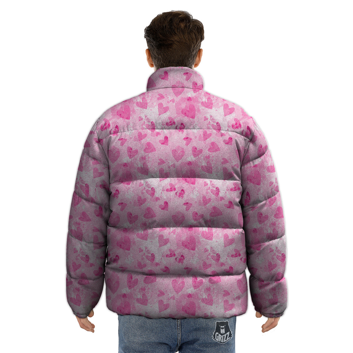 Pink Heart Cute Print Pattern Puffer Jacket-grizzshop