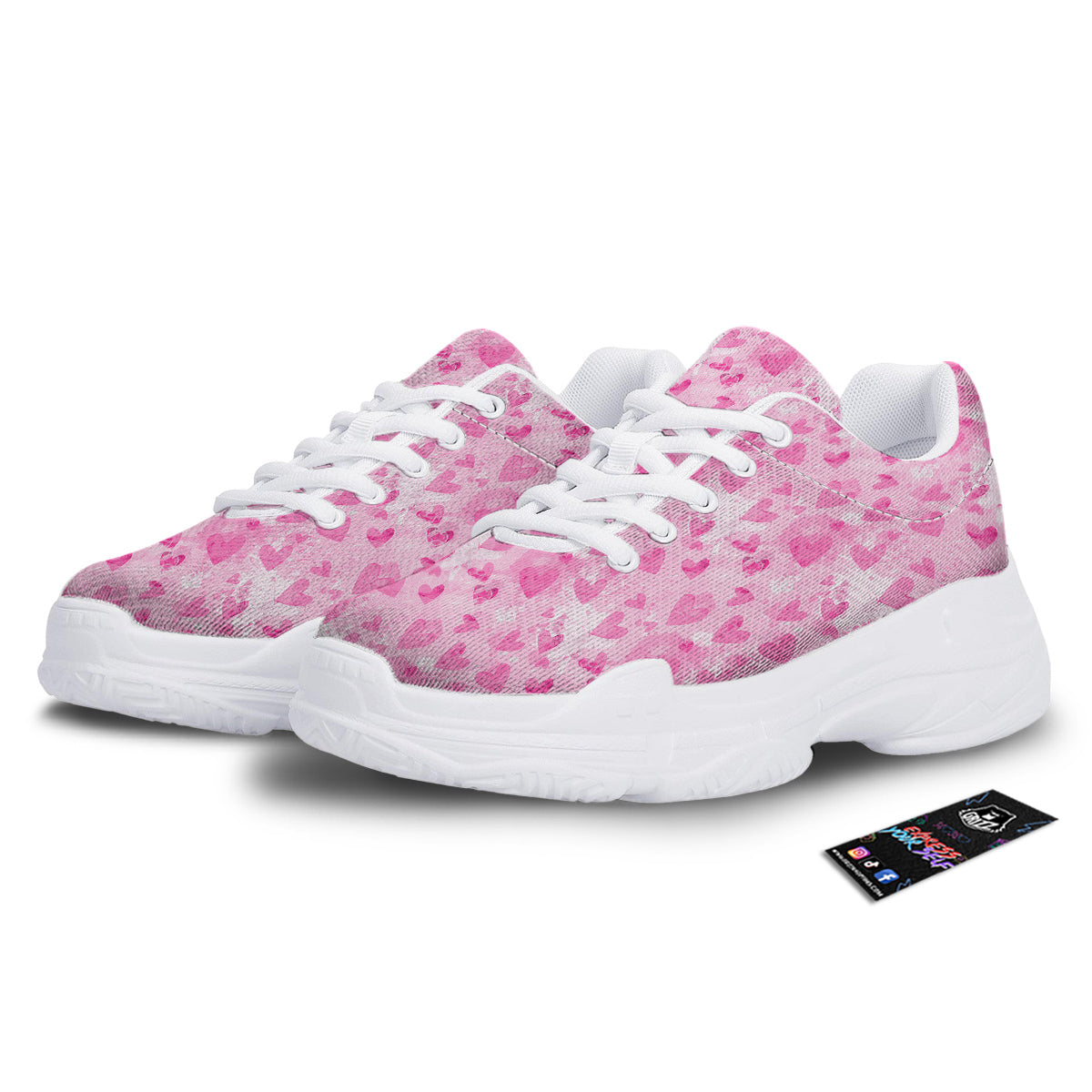 Pink Heart Cute Print Pattern White Chunky Shoes-grizzshop