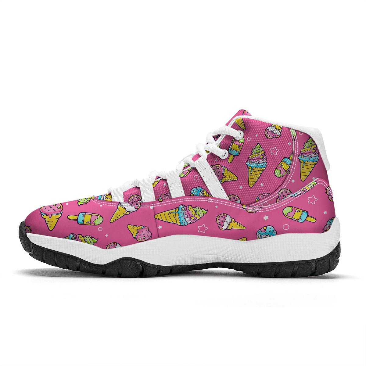 Pink Ice Cream Cone Pattern Print White Bball Shoes-grizzshop