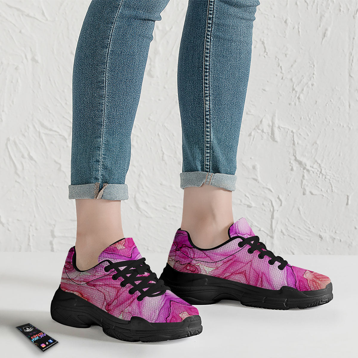 Pink Kaleidoscope Print Black Chunky Shoes-grizzshop