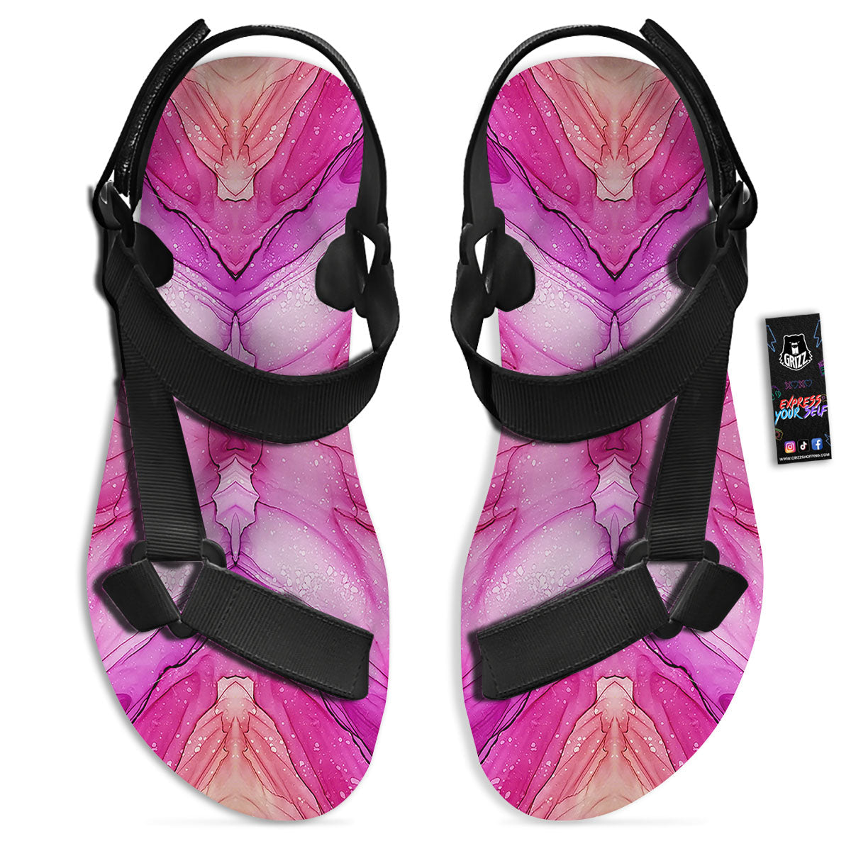 Pink Kaleidoscope Print Black Open Toe Sandals-grizzshop