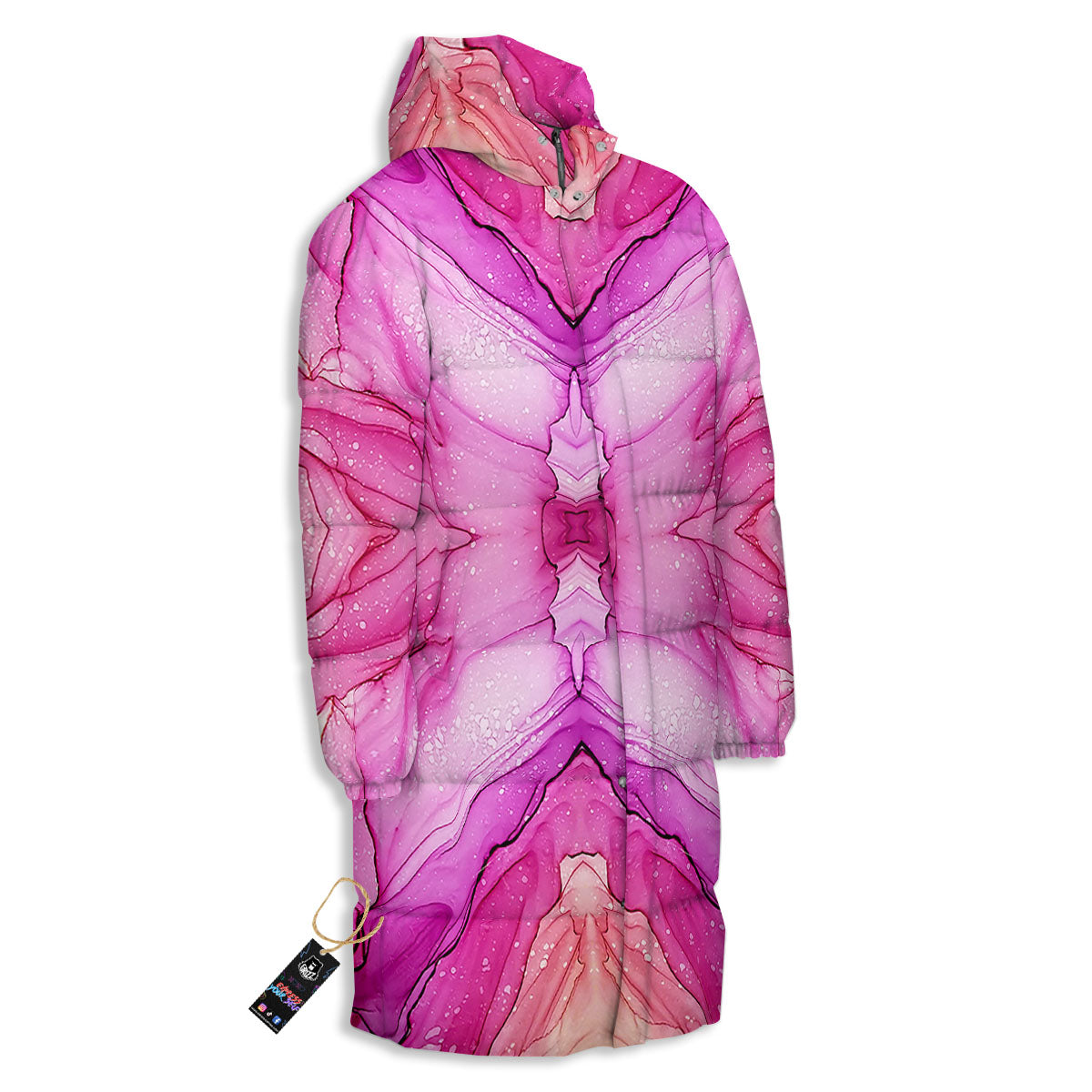 Pink Kaleidoscope Print Long Down Jacket-grizzshop