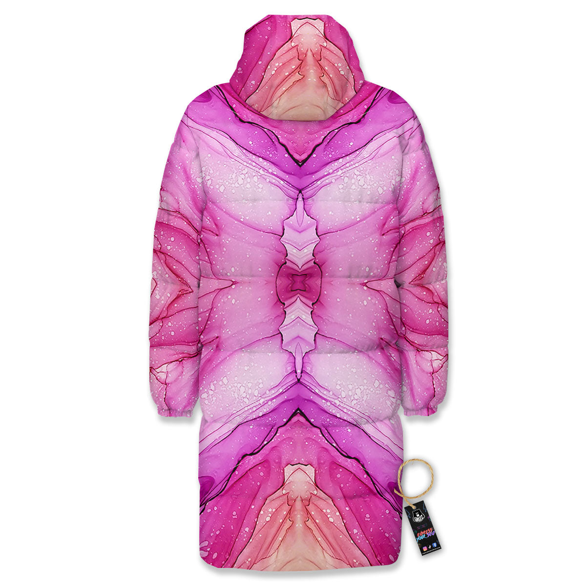 Pink Kaleidoscope Print Long Down Jacket-grizzshop