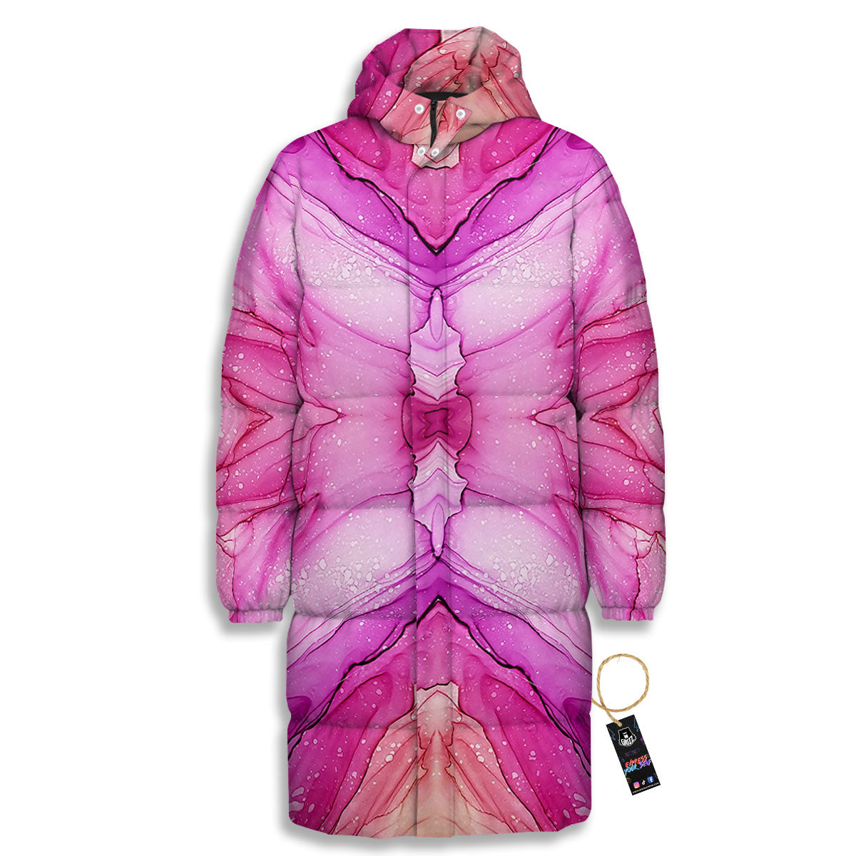 Pink Kaleidoscope Print Long Down Jacket-grizzshop