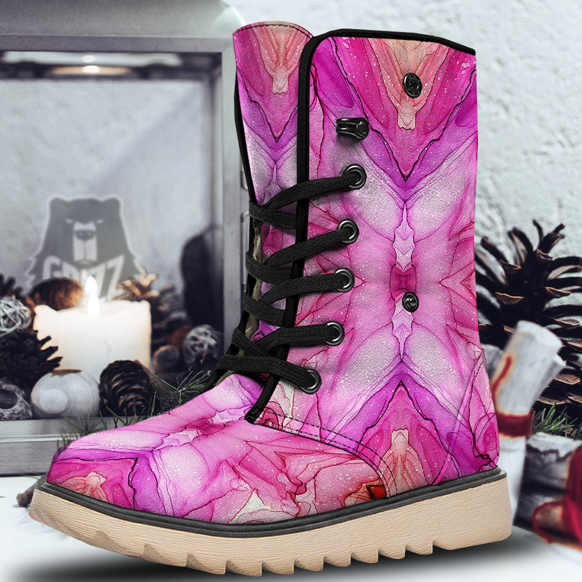 Pink Kaleidoscope Print Snow Boots-grizzshop