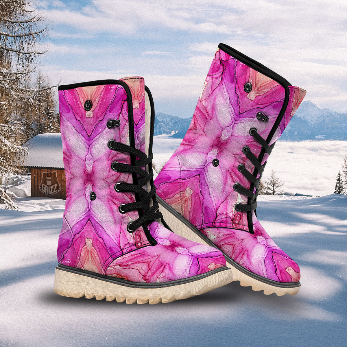 Pink Kaleidoscope Print Snow Boots-grizzshop