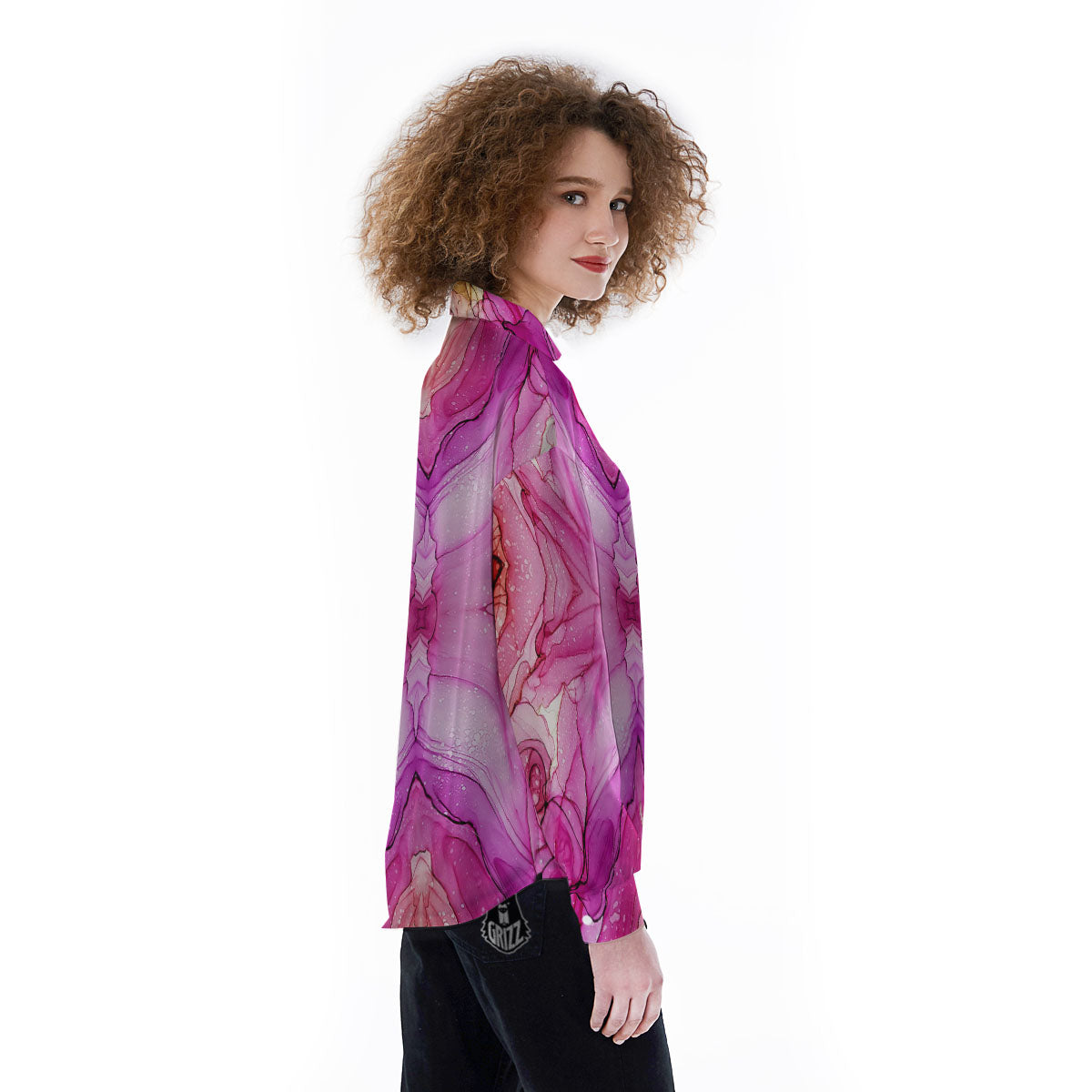 Pink Kaleidoscope Print Women's Long Sleeve Shirts-grizzshop