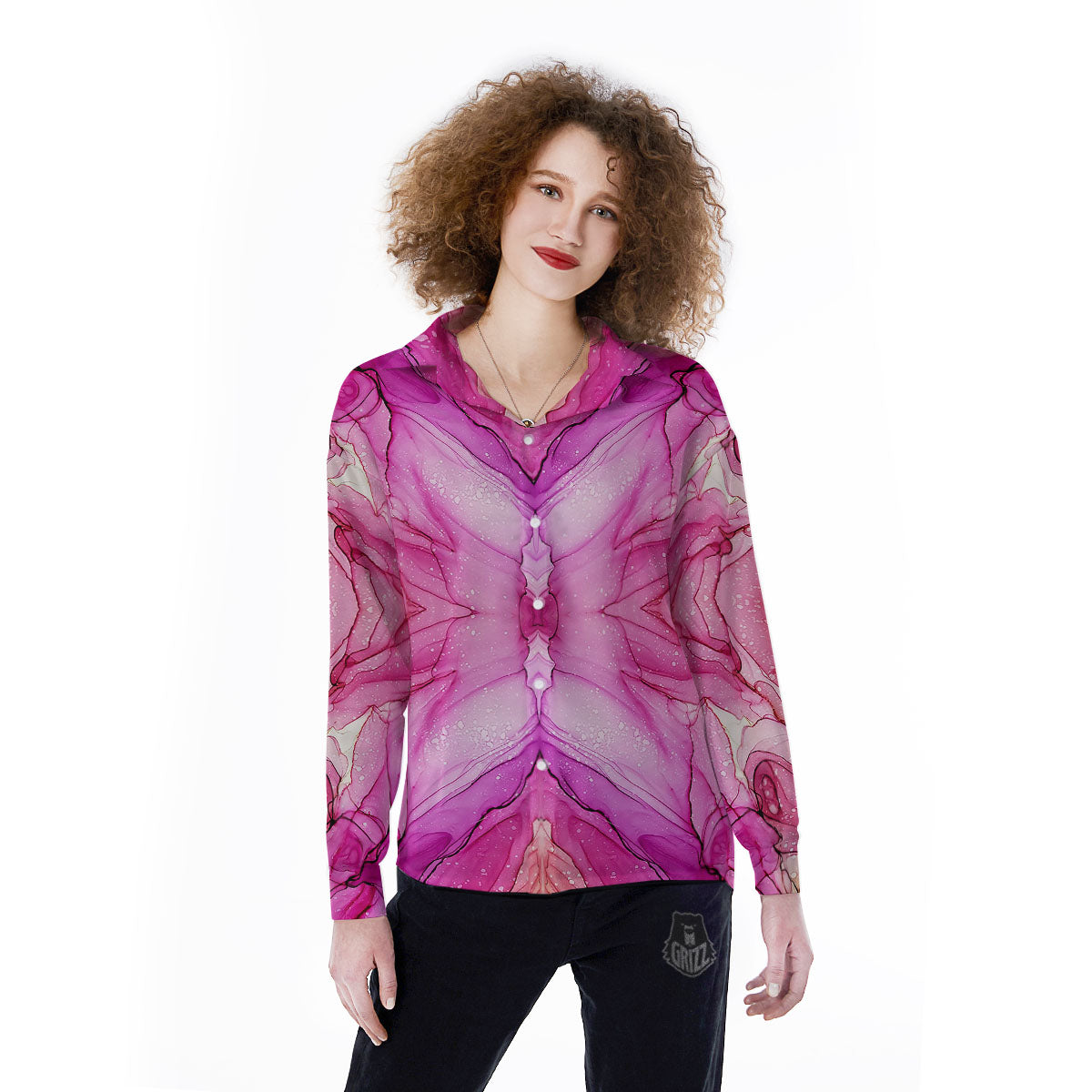 Pink Kaleidoscope Print Women's Long Sleeve Shirts-grizzshop