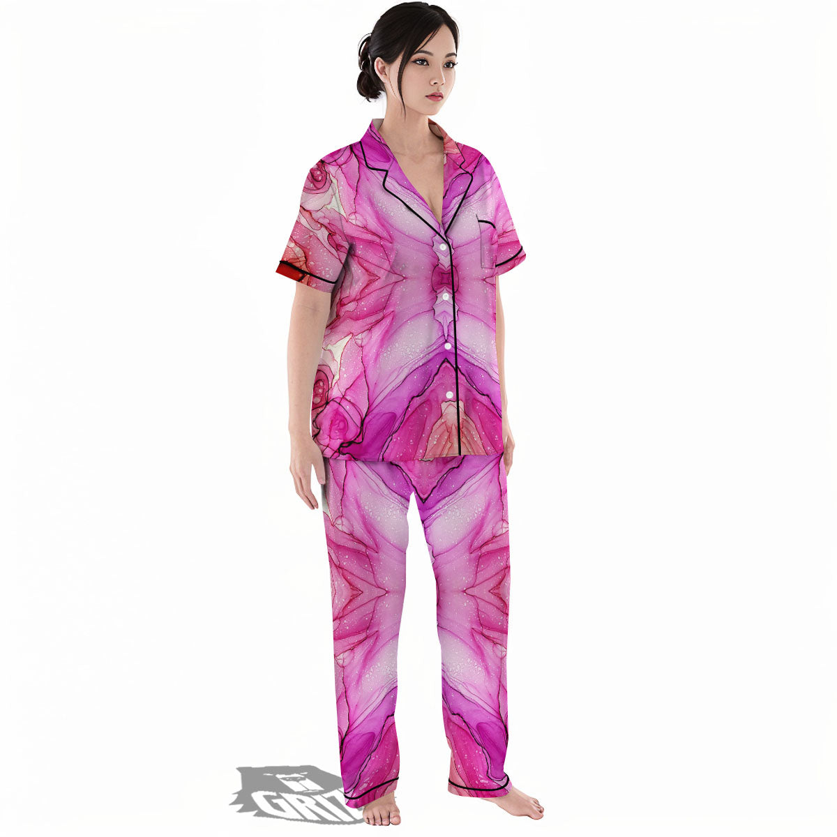 Pink Kaleidoscope Print Women's Pajamas Set-grizzshop
