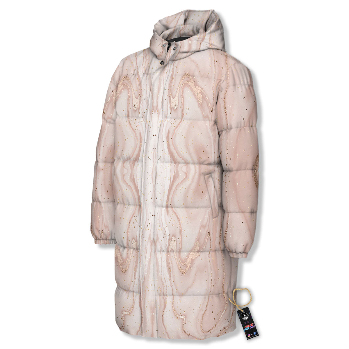 Pink Marble Print Pattern Long Down Jacket-grizzshop