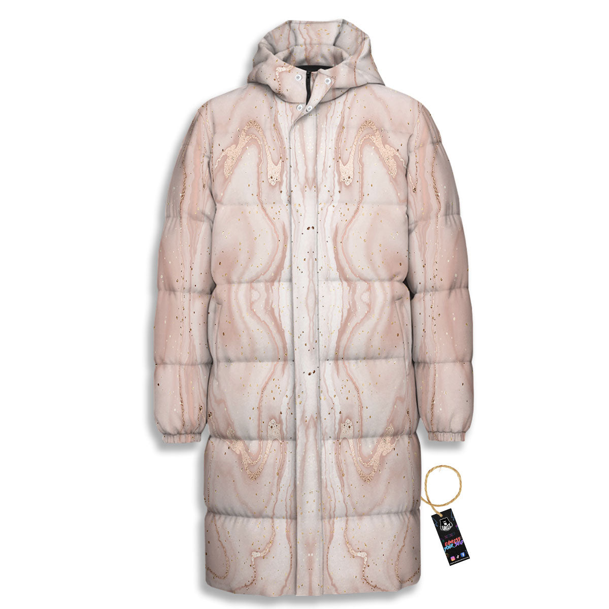 Pink Marble Print Pattern Long Down Jacket-grizzshop