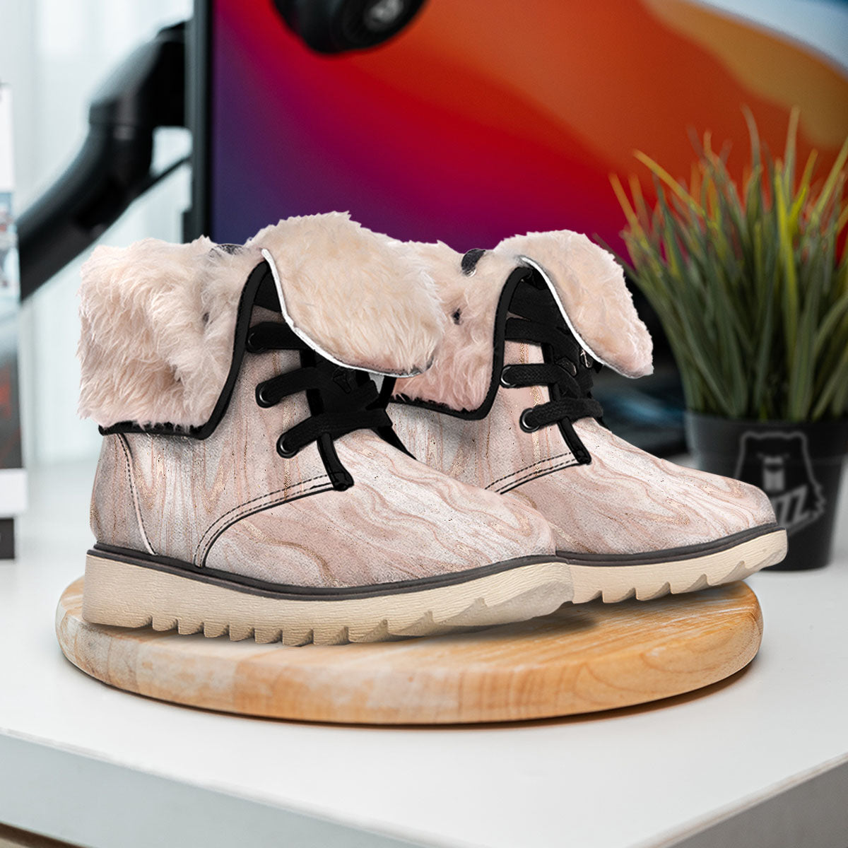 Pink Marble Print Pattern Snow Boots-grizzshop