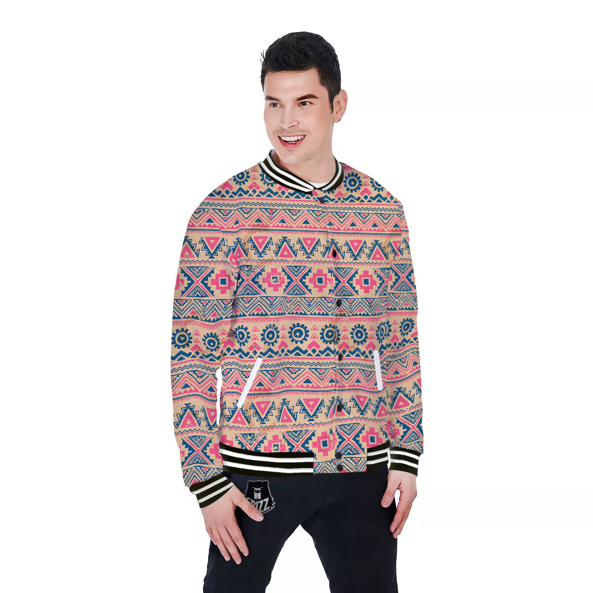 Pink Native Tribal Print Pattern Baseball Jacket-grizzshop