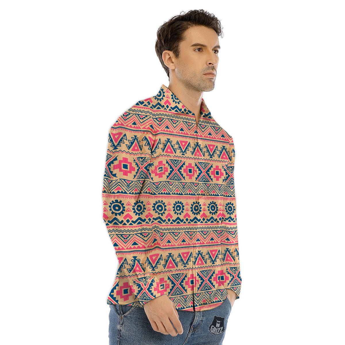Pink Native Tribal Print Pattern Men's Dress Shirts-grizzshop