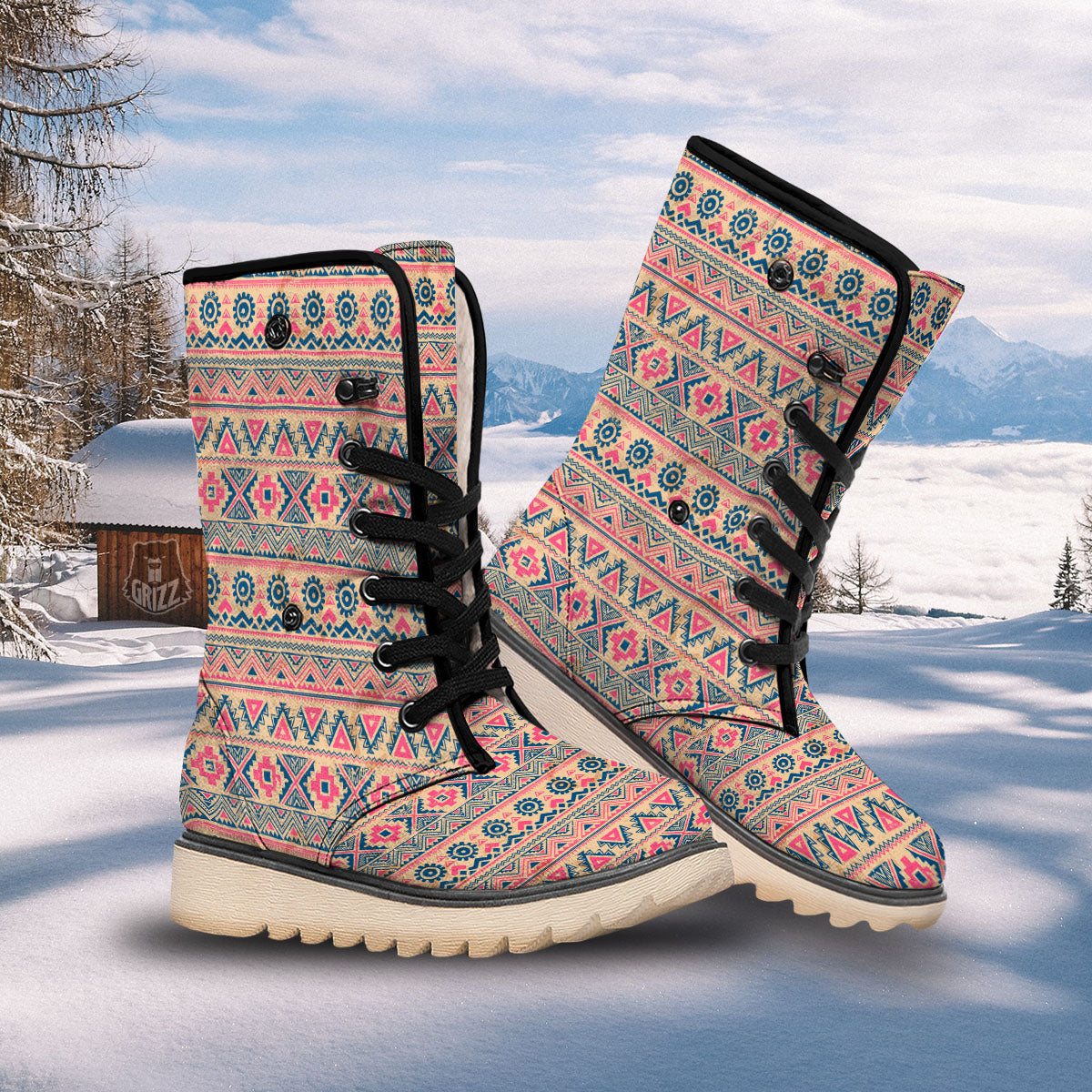 Pink Native Tribal Print Pattern Snow Boots-grizzshop