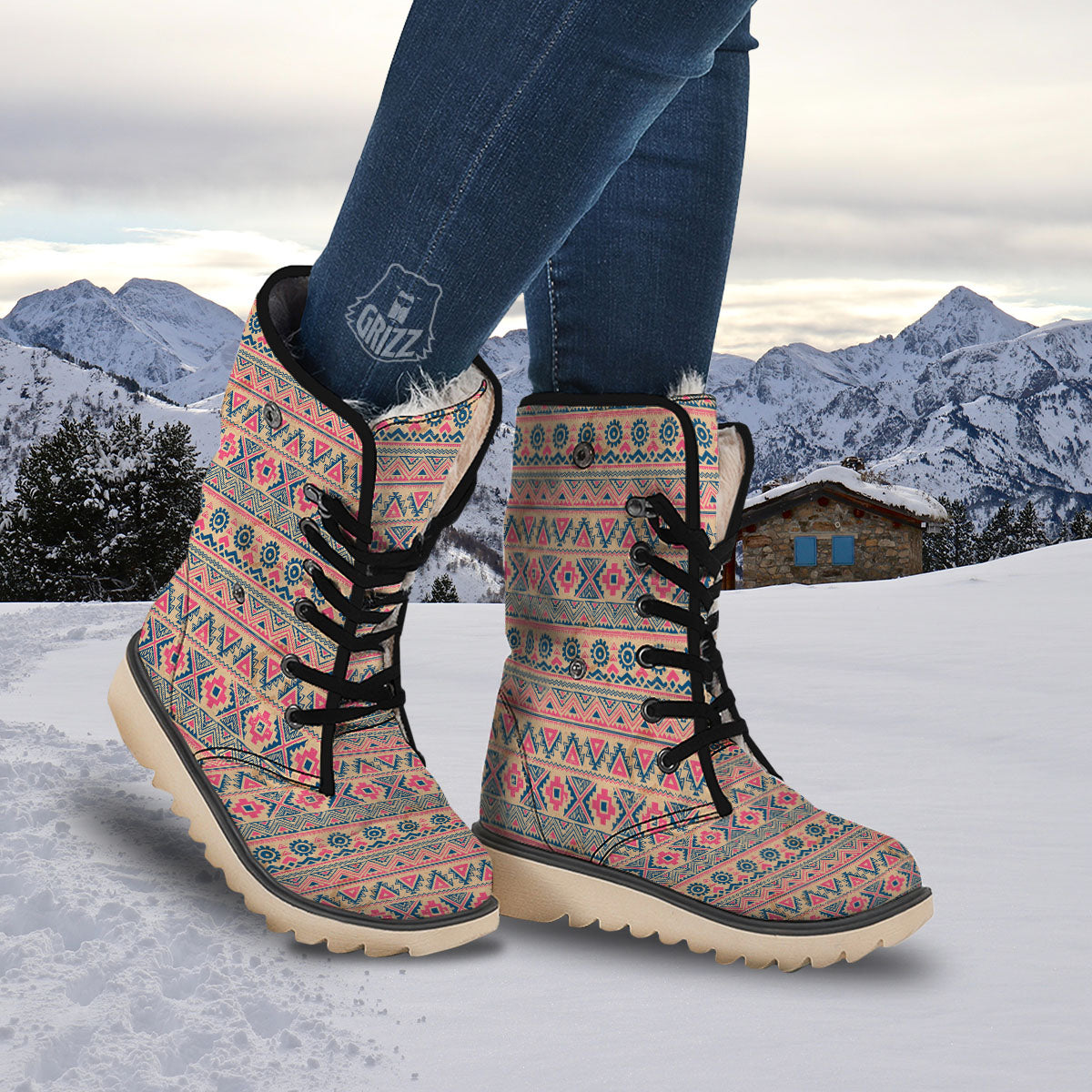 Pink Native Tribal Print Pattern Snow Boots-grizzshop