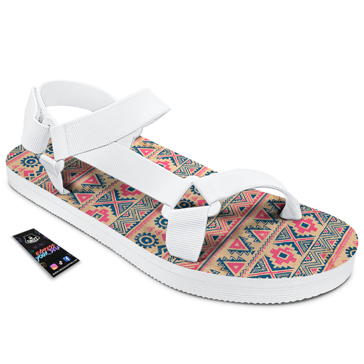 Pink Native Tribal Print Pattern White Open Toe Sandals-grizzshop