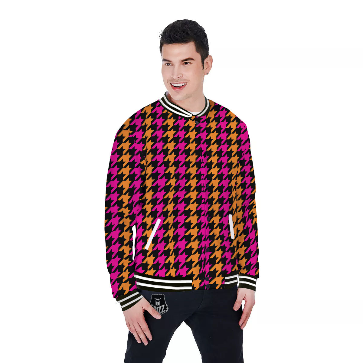 Pink Orange And Black Houndstooth Print Baseball Jacket-grizzshop