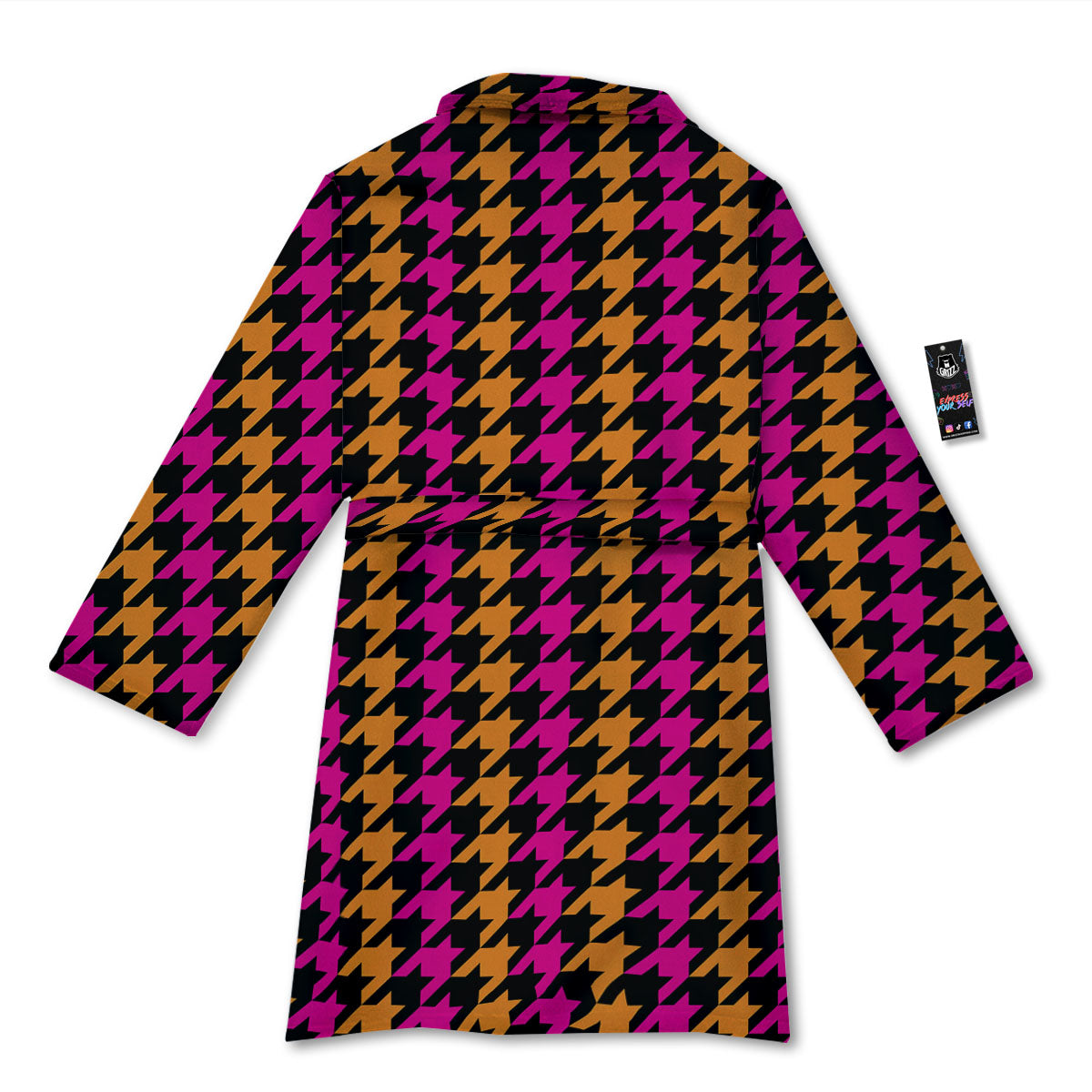 Pink Orange And Black Houndstooth Print Bathrobe-grizzshop